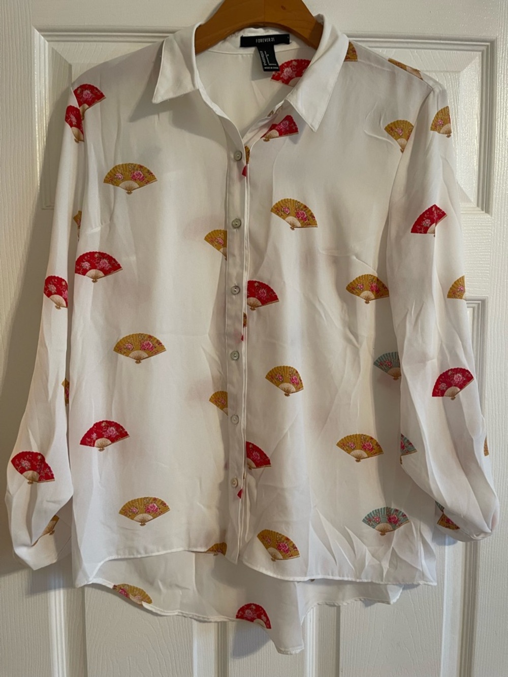 Forever 21 White Sheer Blouse with Red and Gold Fan Motif
